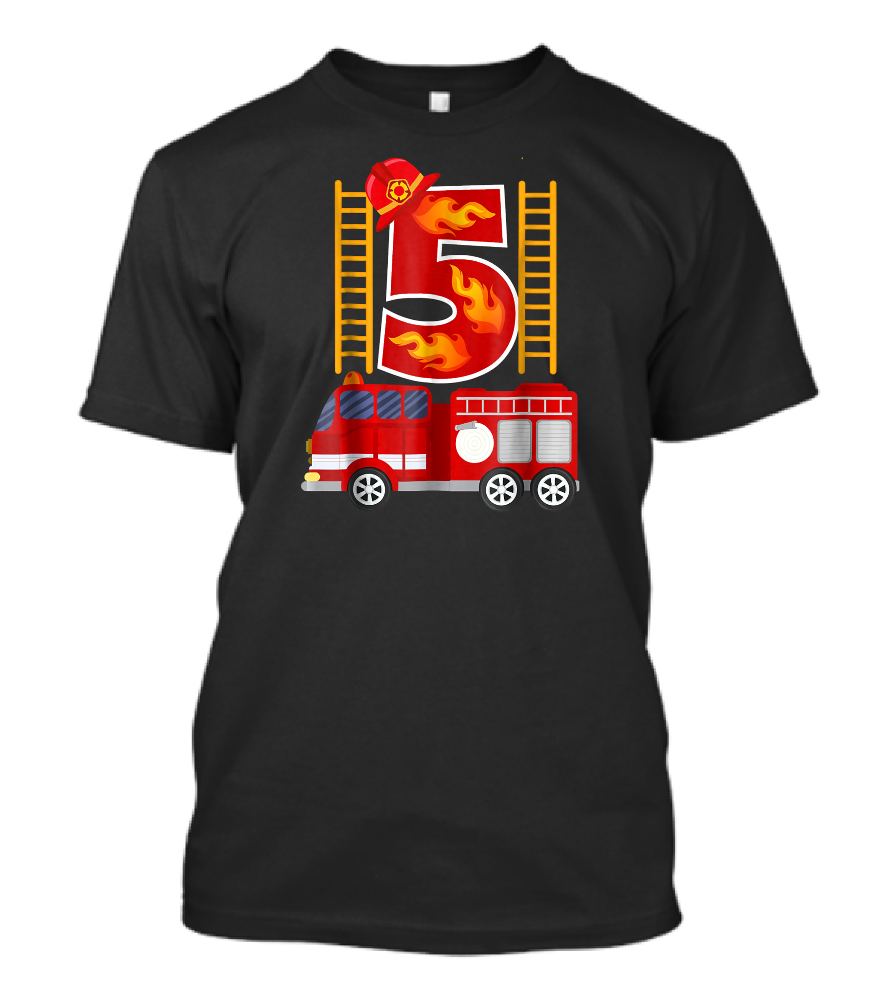 Birthday Number 5 Firefighter Fire Truck Flames T-Shirt