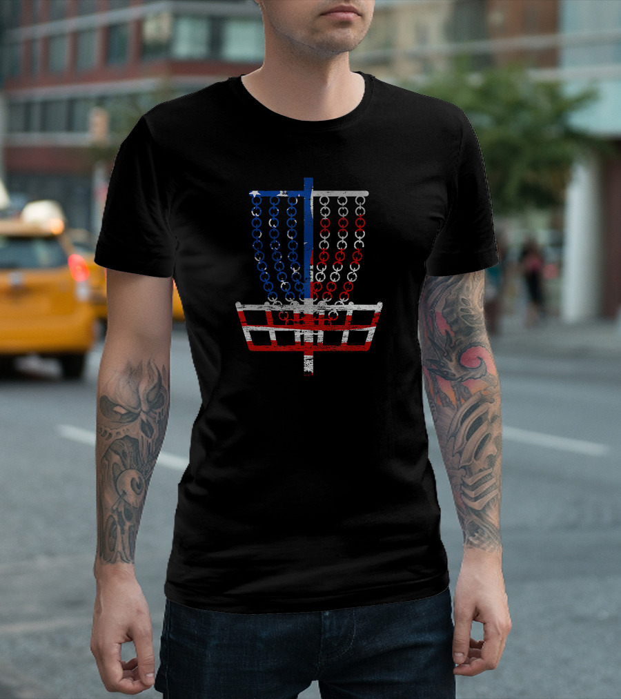 Cool US Flag Disc Golf Basket Fourth of July T-Shirt