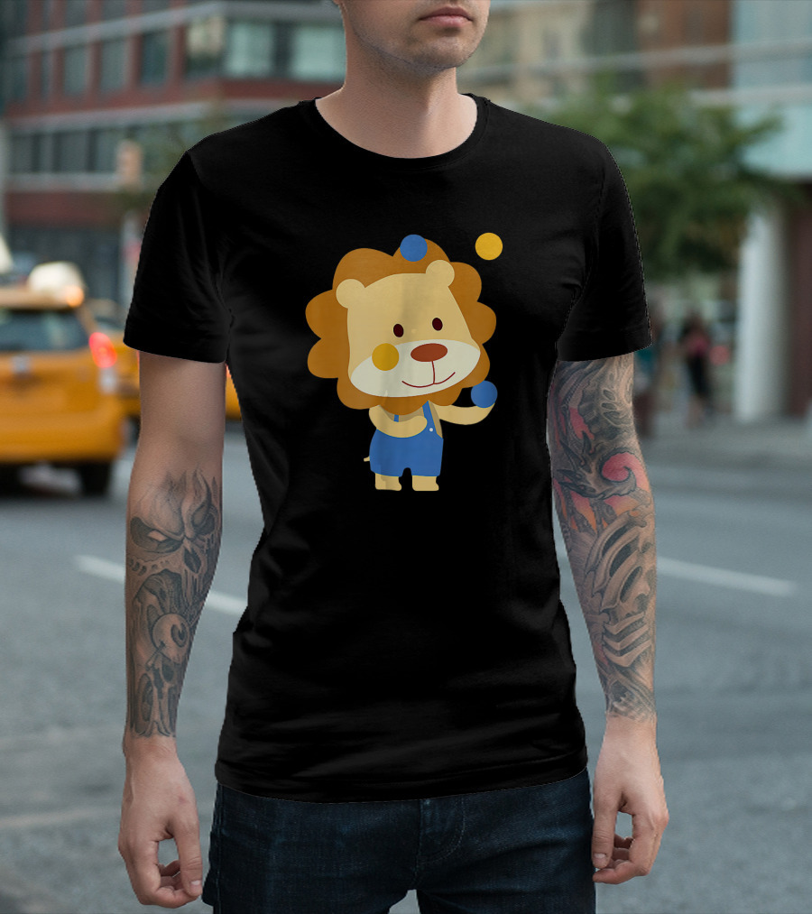 Cute Circus Lion Clown Juggling Orange and Blue Balls in Overalls T-Shirt