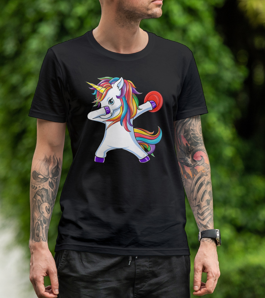 Dabbing Unicorn Funny Rainbow Disc Golf Player T-Shirt