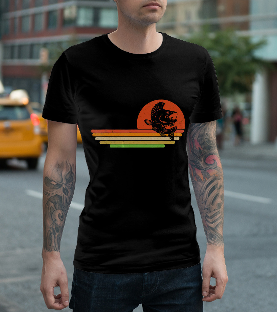 Distressed Sunset Fish Retro Vintage Stripes T-Shirt