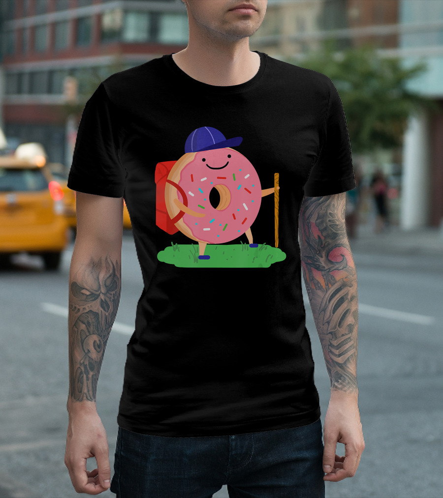 Donut Hiker with Backpack and Walking Stick for National Donut Day T-Shirt
