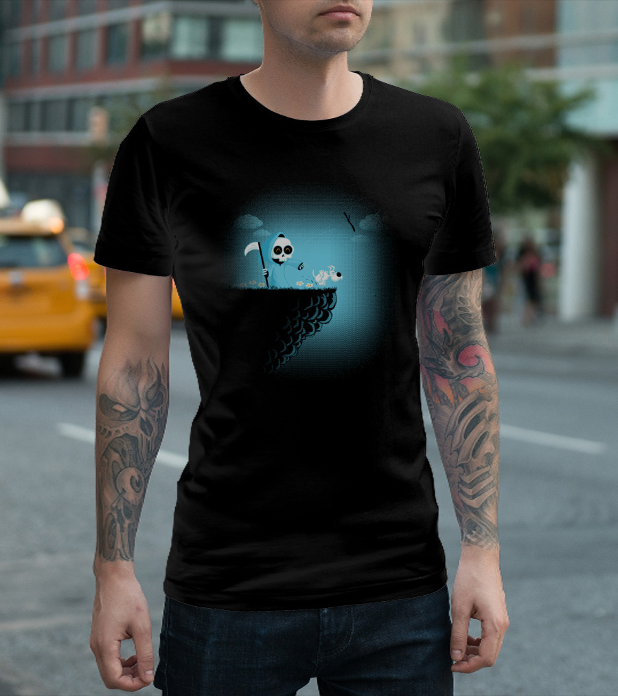 Nice Dog Fetching Stick with Grim Reaper on Cliff Edge T-Shirt