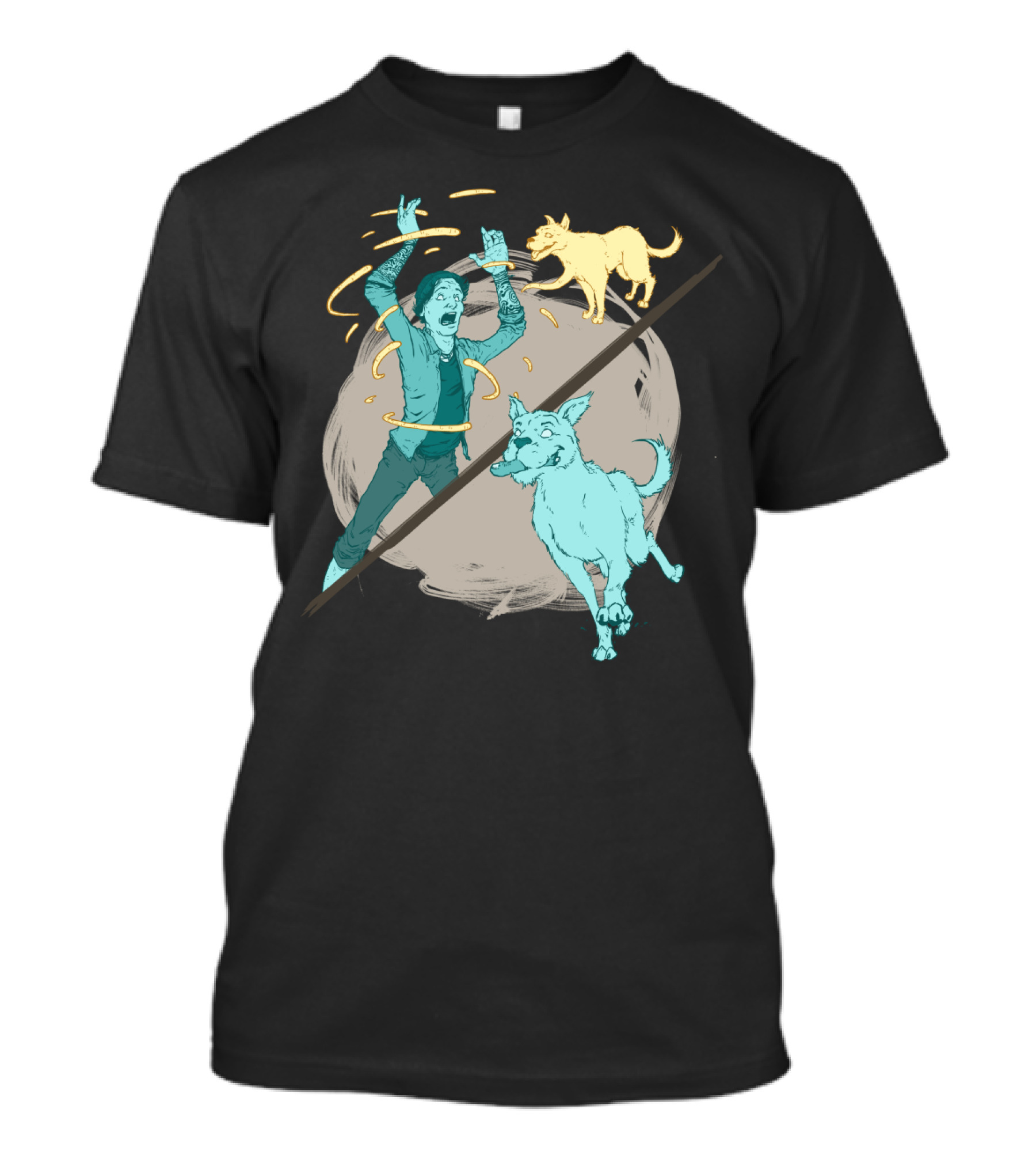Dogs In Action With Human On Dark Canvas T-Shirt