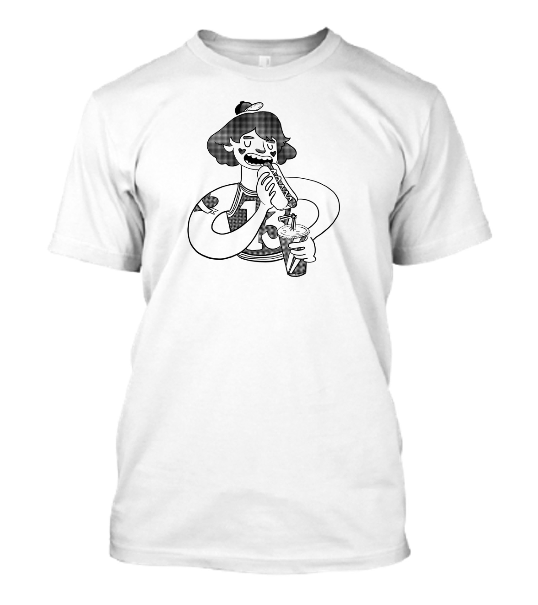 Hot Dog Babe Heart 13 Eating Hot Dog Holding Drink T-Shirt
