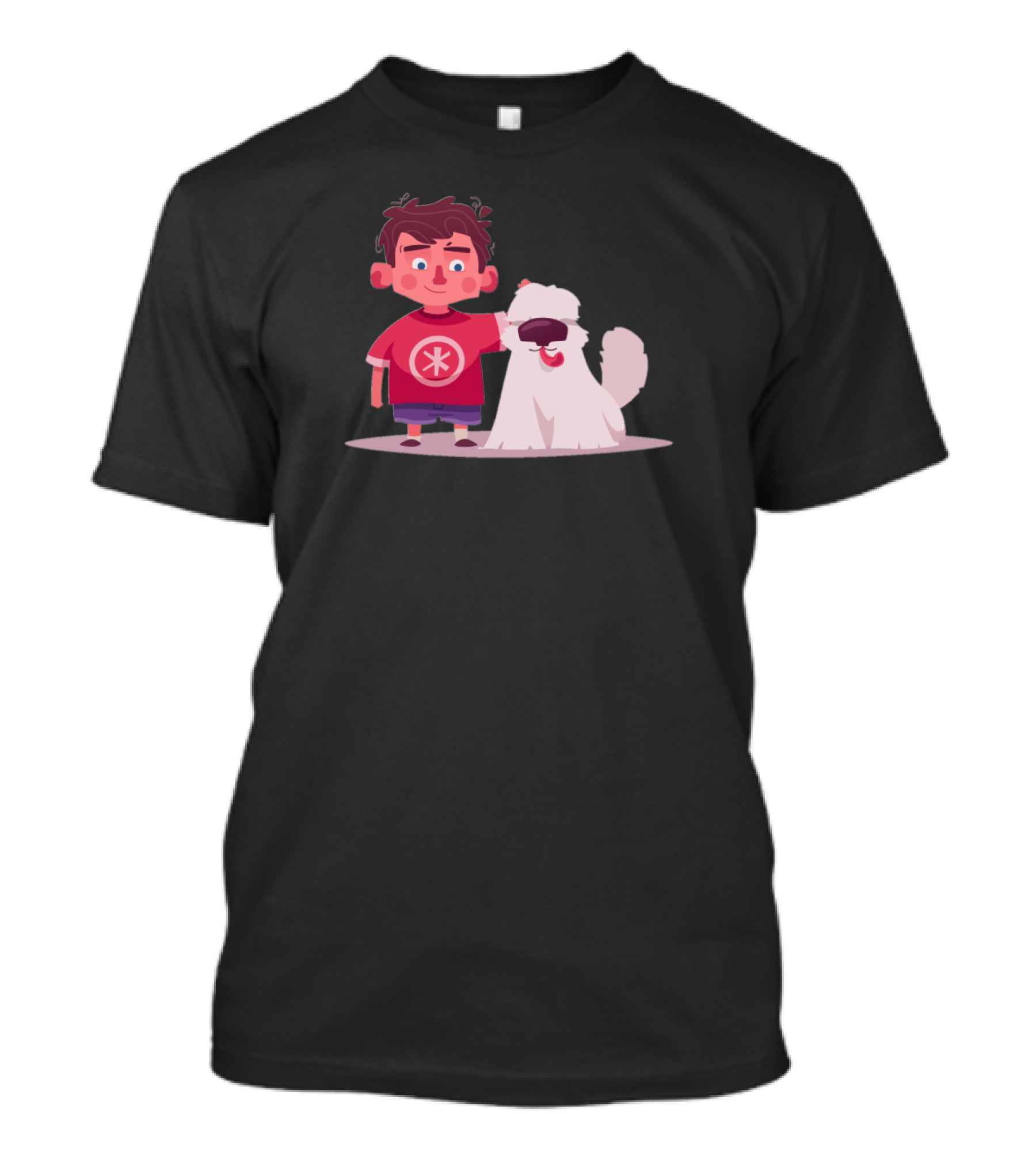 Boy And Dog Cartoon Graphic With Red Shirt And Fluffy White Dog T-Shirt
