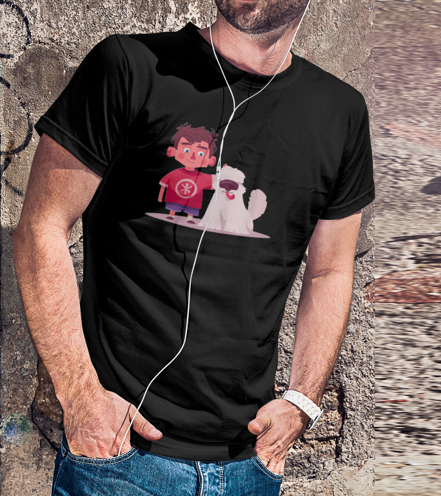 Boy And Dog Cartoon Graphic With Red Shirt And Fluffy White Dog T-Shirt