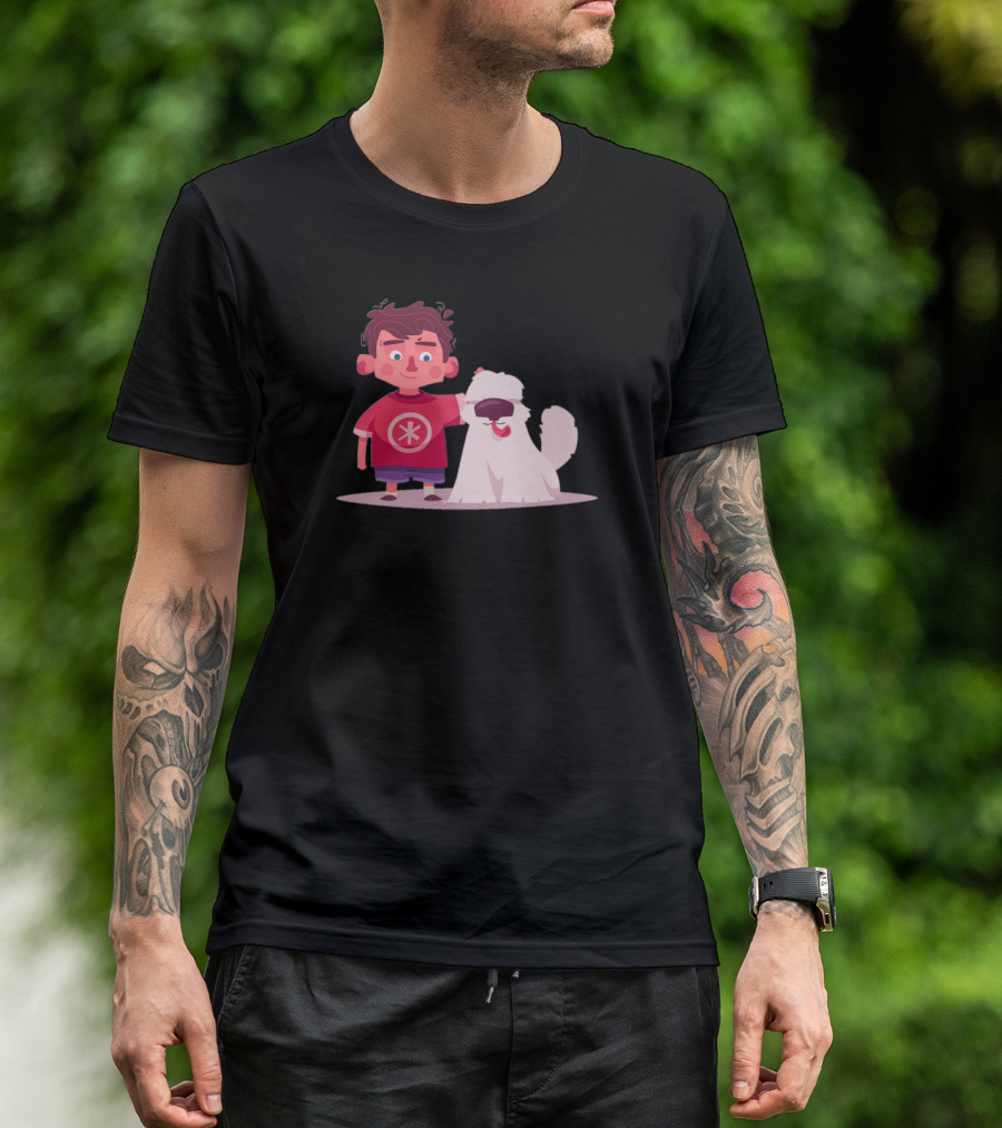 Boy And Dog Cartoon Graphic With Red Shirt And Fluffy White Dog T-Shirt