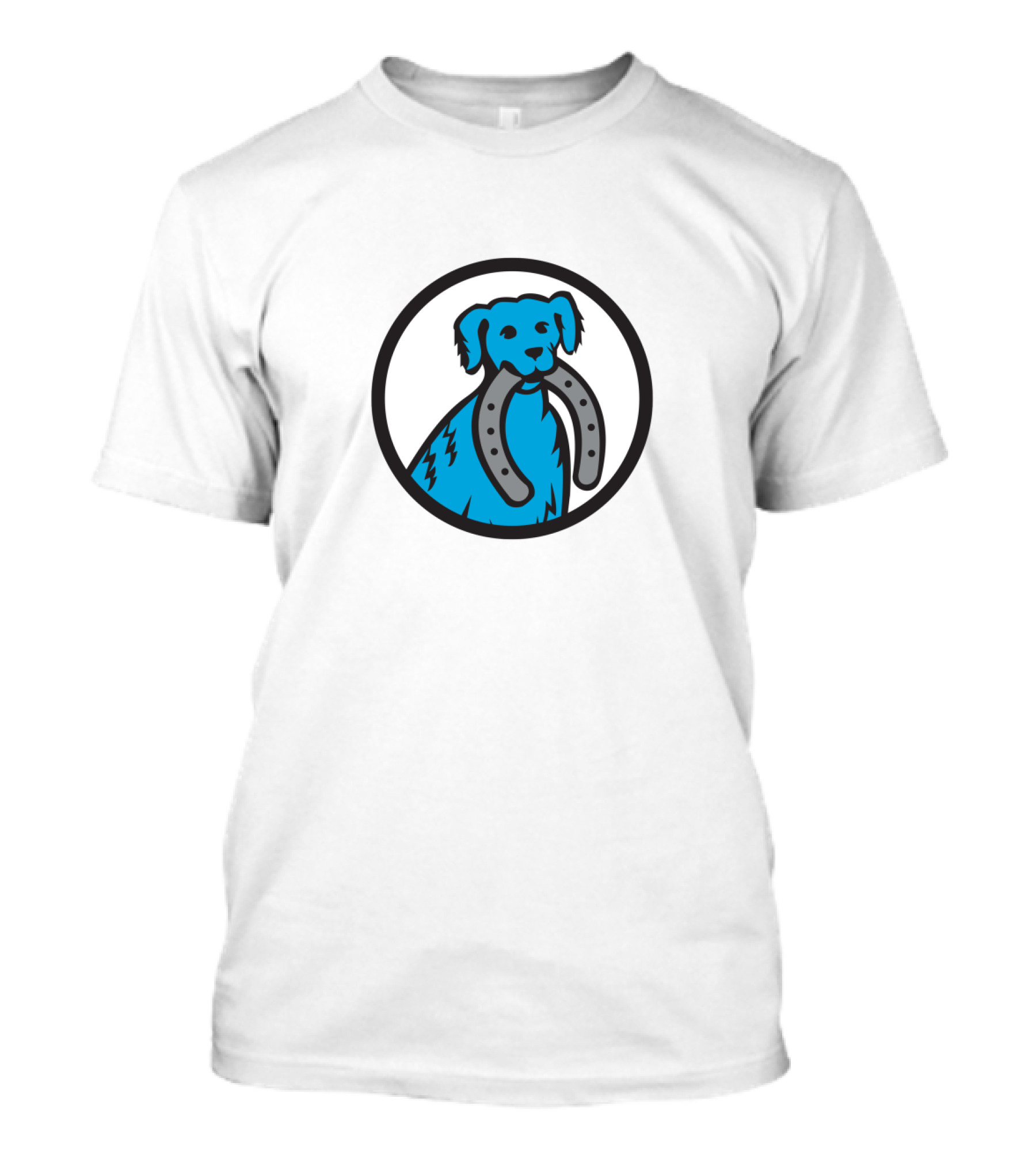 Blue Merle Dog Holding Horseshoe In Circular Emblem T-Shirt