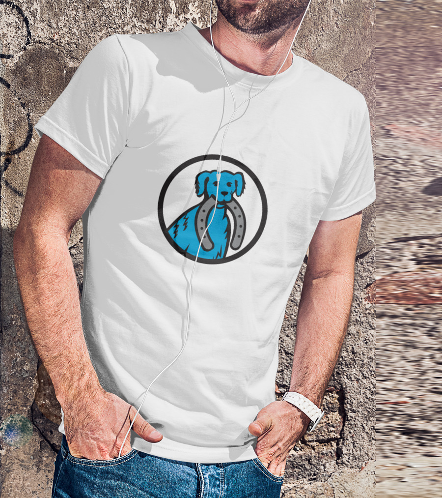Blue Merle Dog Holding Horseshoe In Circular Emblem T-Shirt
