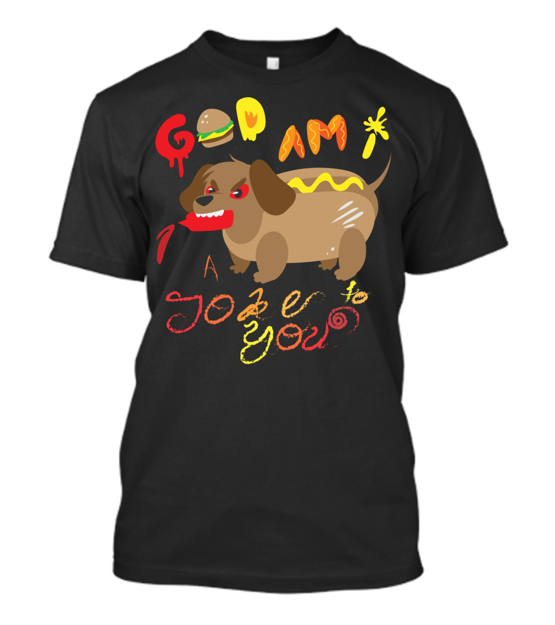 Hot Dog Dachshund Deity Doodle With Playful Text And Burger Elements T-Shirt