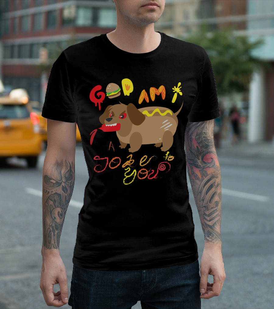 Hot Dog Dachshund Deity Doodle With Playful Text And Burger Elements T-Shirt