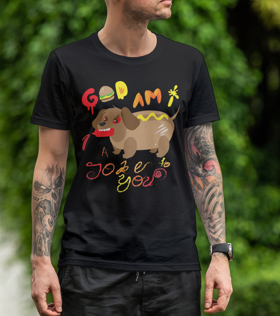 Hot Dog Dachshund Deity Doodle With Playful Text And Burger Elements T-Shirt