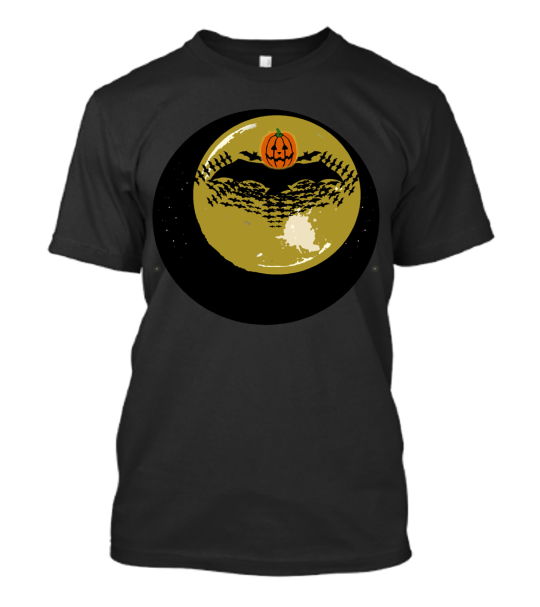 Scary Halloween Pumpkin Head Vampire Bat Flying Across Full Moon T-Shirt