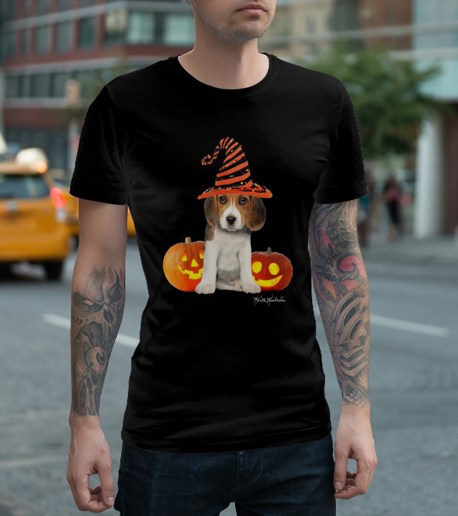Keith Kimberlin Halloween Beagle Puppy In Witch Hat With Pumpkins T-Shirt