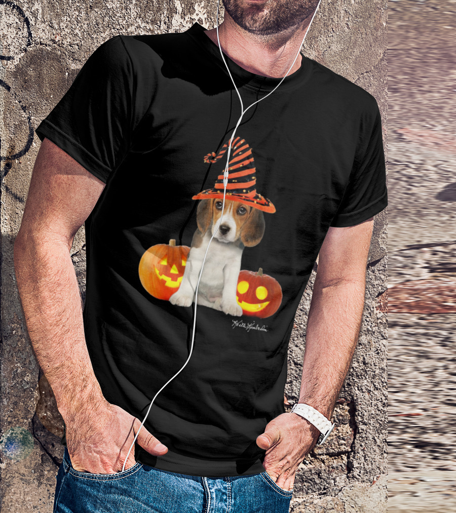 Keith Kimberlin Halloween Beagle Puppy In Witch Hat With Pumpkins T-Shirt