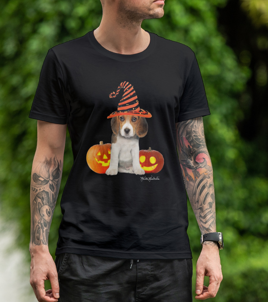 Keith Kimberlin Halloween Beagle Puppy In Witch Hat With Pumpkins T-Shirt