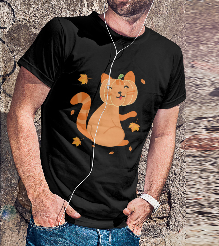 Cat Jack O' Lantern Pumpkin Funny Halloween Leaves T-Shirt