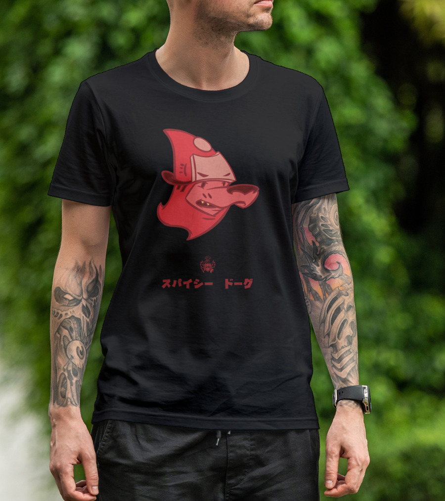 Spicy Dog Red Hot Japanese Text Cartoon Style Red Dog Firefighter Hat T-Shirt