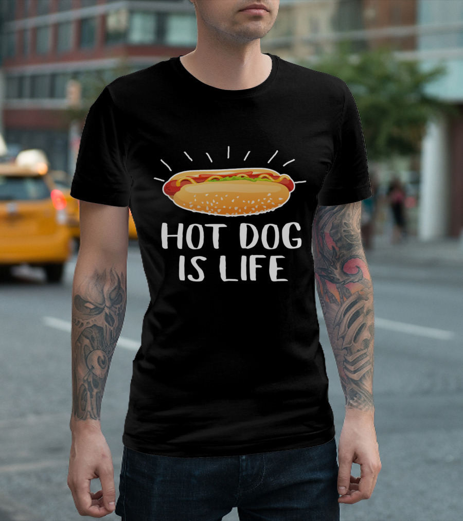 Hot Dog Is Life Illustrated With Mustard And Ketchup T-Shirt
