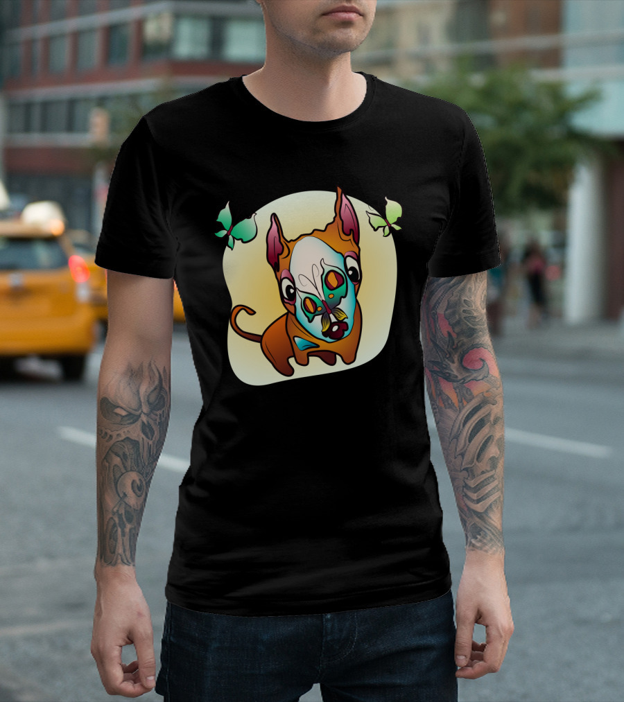 Curious Bull Terrier Dog with Colorful Butterflies and Whimsical T-Shirt