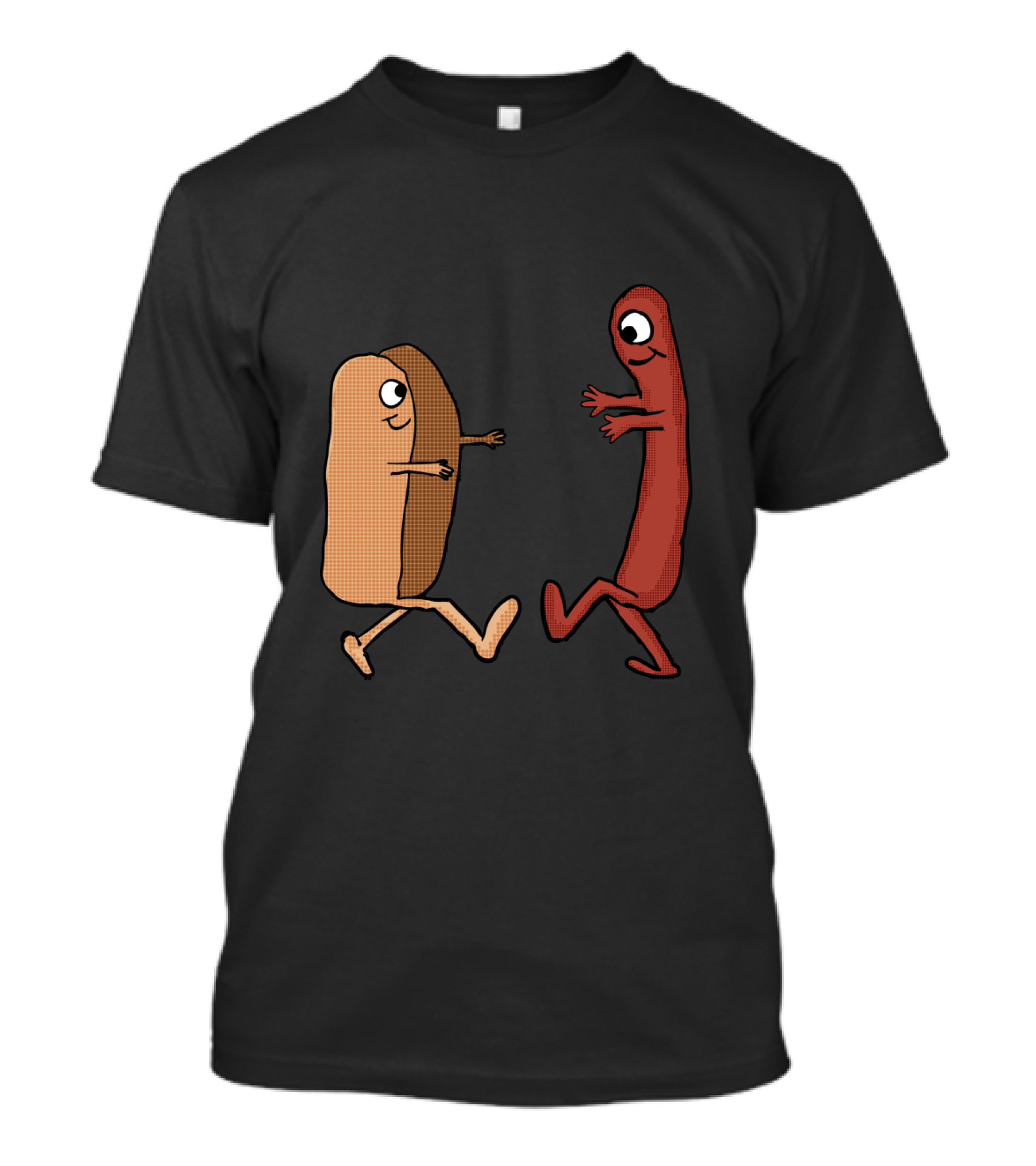 Wiener And Hot Dog Bun Couple Illustration With Cartoon Characters T-Shirt