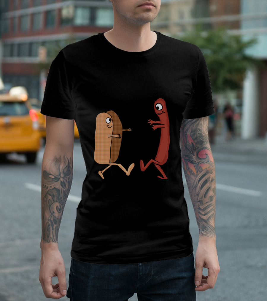 Wiener And Hot Dog Bun Couple Illustration With Cartoon Characters T-Shirt