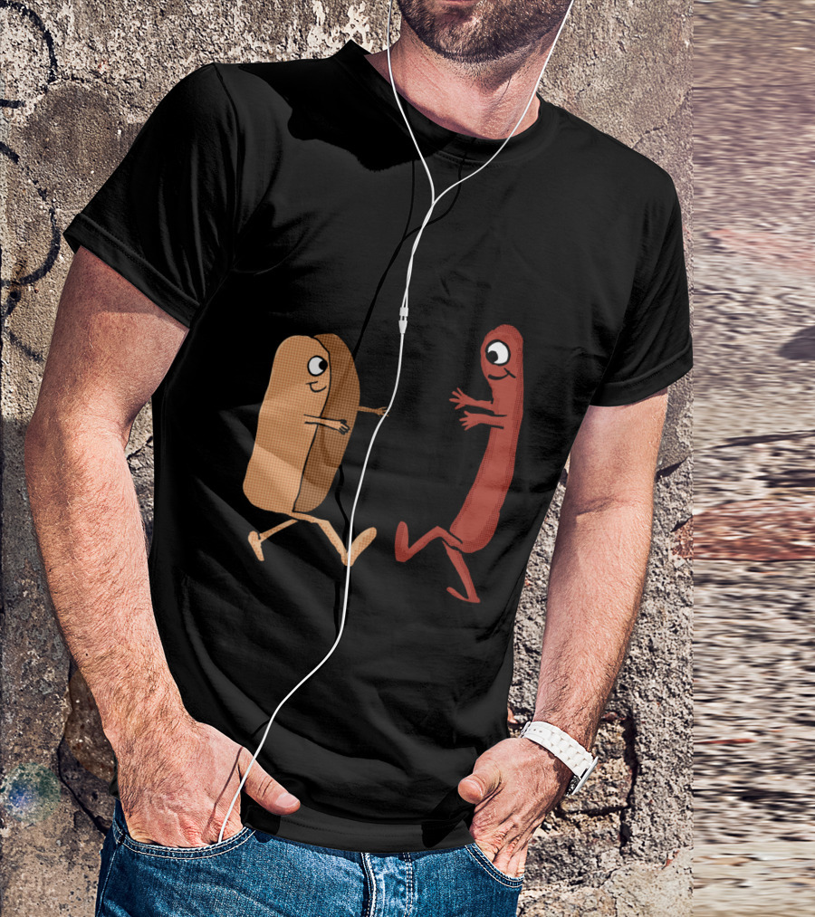 Wiener And Hot Dog Bun Couple Illustration With Cartoon Characters T-Shirt