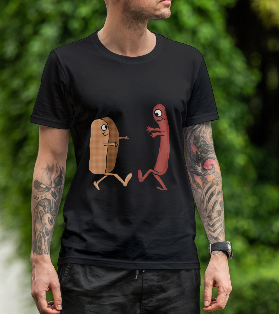 Wiener And Hot Dog Bun Couple Illustration With Cartoon Characters T-Shirt