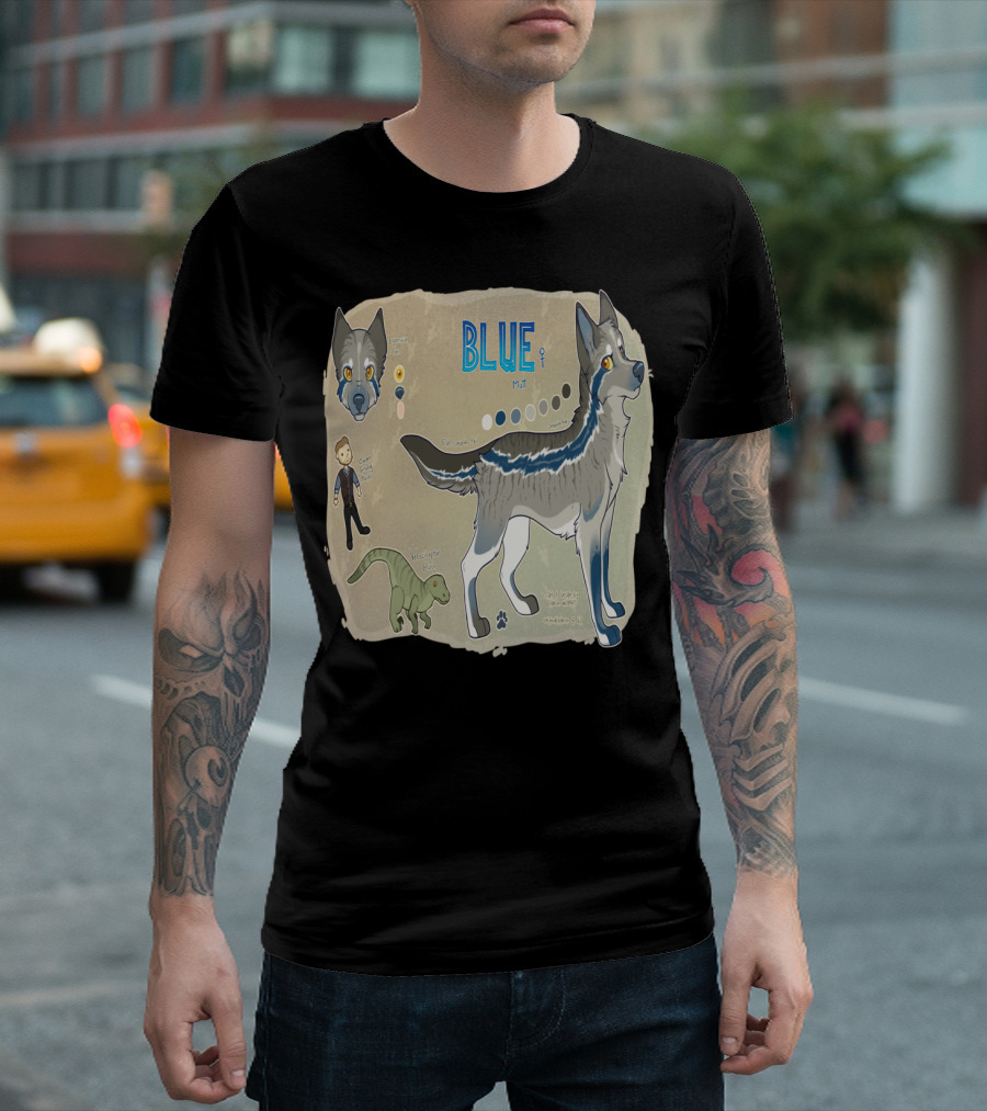Blue The Velociraptor Dog Hybrid Character Multicolor Design with Expression Chart and Velociraptor T-Shirt