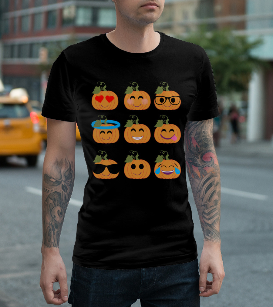 Halloween Cute Pumpkin Emoticons Heart Eyes, Glasses, Halo, Laughing, Sunglasses, Crying T-Shirt