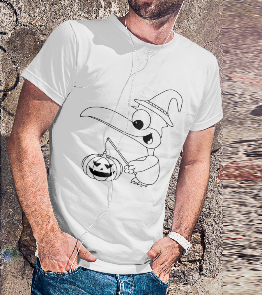 Cute Seagull With Witch Hat And Pumpkin Lantern Halloween T-Shirt