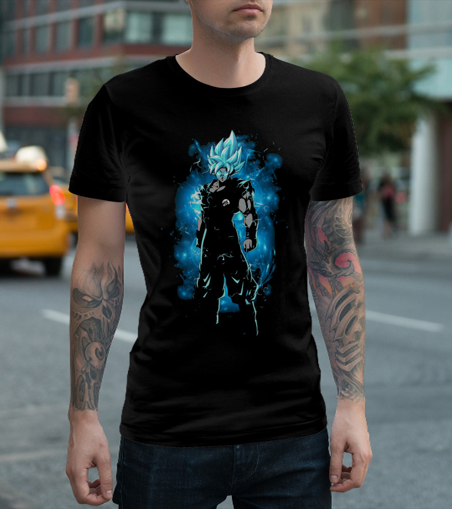 Legendary Blue Aura Warrior with Electric Hair and Black Suit T-Shirt