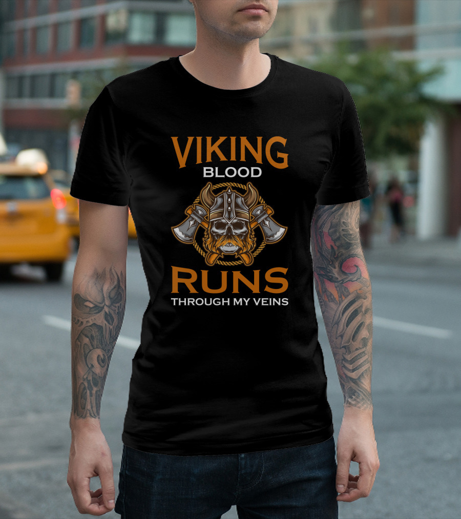 Viking Blood Runs Through My Veins Skull and Axes T-Shirt