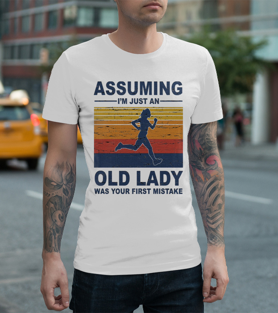 Assuming I'm Just An Old Lady Running Silhouette Retro Stripes T-Shirt