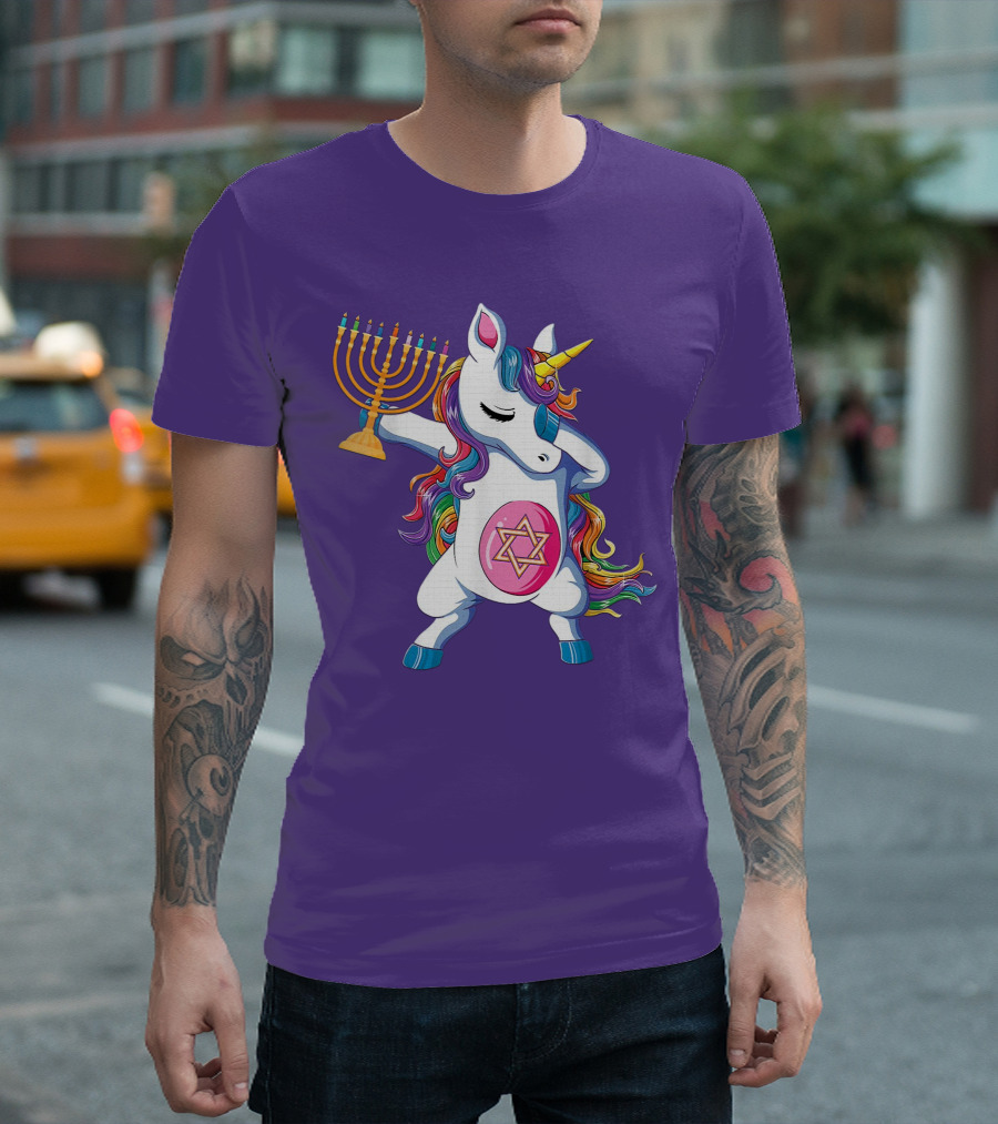 Jewnicorn Hanukkah Unicorn Dabbing with Menorah and Star of David T-Shirt
