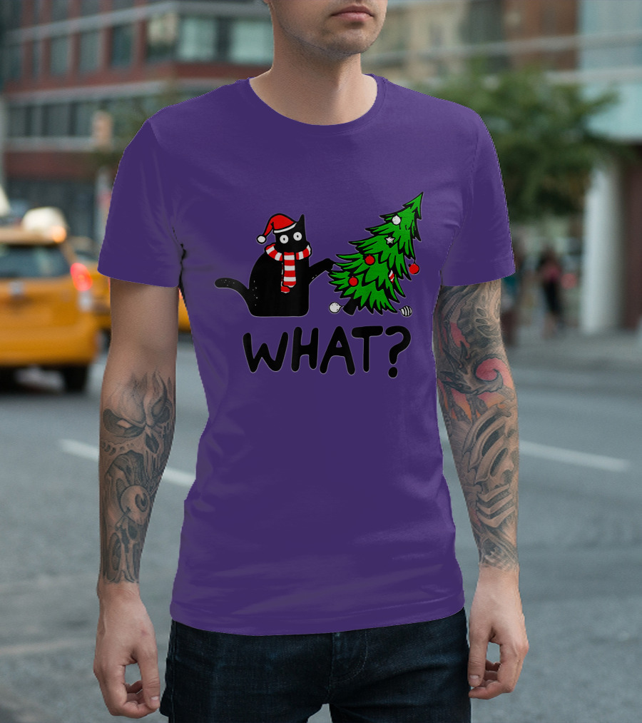 Black Cat Pushing Christmas Tree What T-Shirt