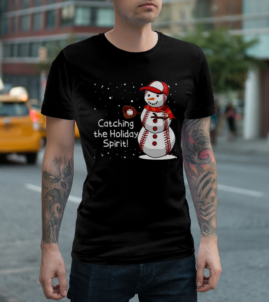 Catching The Holiday Spirit Baseball Snowman With Red Cap And Mitt T-Shirt