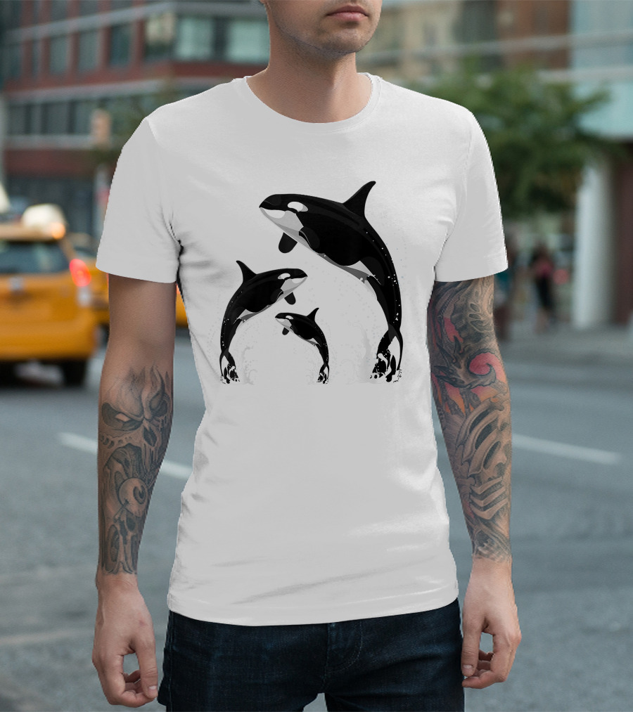 Jumping Orca Killer Whales Splashing Water Embrace T-Shirt