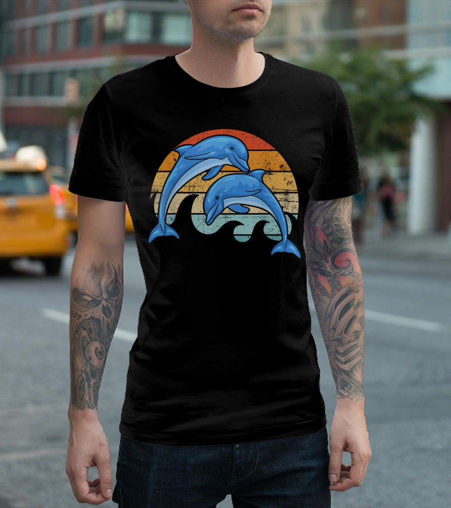 Vintage Sunset Striped Dolphin Pair T-Shirt