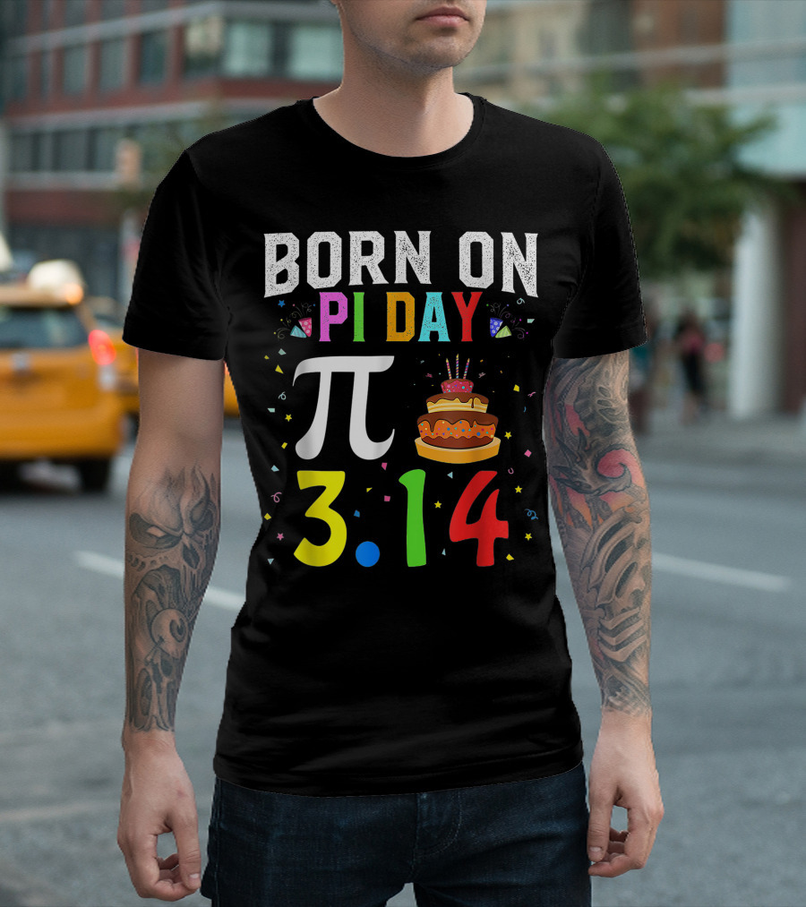 Born on Pi Day 3.14 March Birthday Celebration with Cake and Confetti T-Shirt