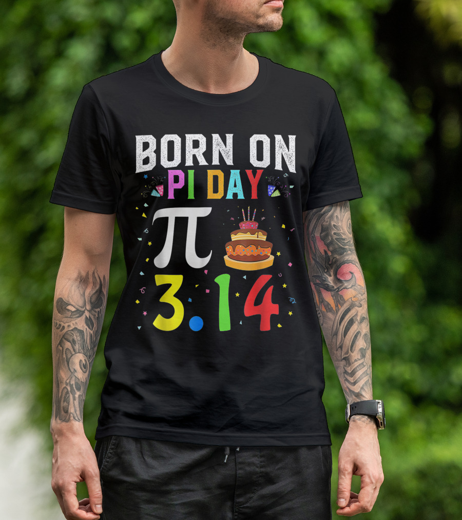 Born On Pi Day 3.14 March Birthday Celebration With Cake And Confetti T-Shirt