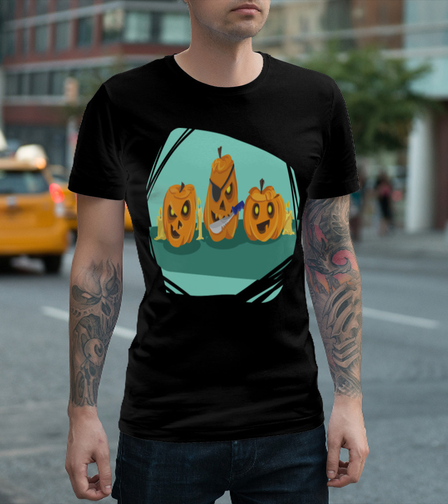 Pumpkin Halloween Knife Candle Creepy Jack-O'-Lantern Trio T-Shirt