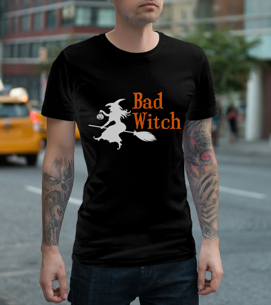 Bad Witch Halloween Broomstick Silhouette with Pumpkin Lantern T-Shirt