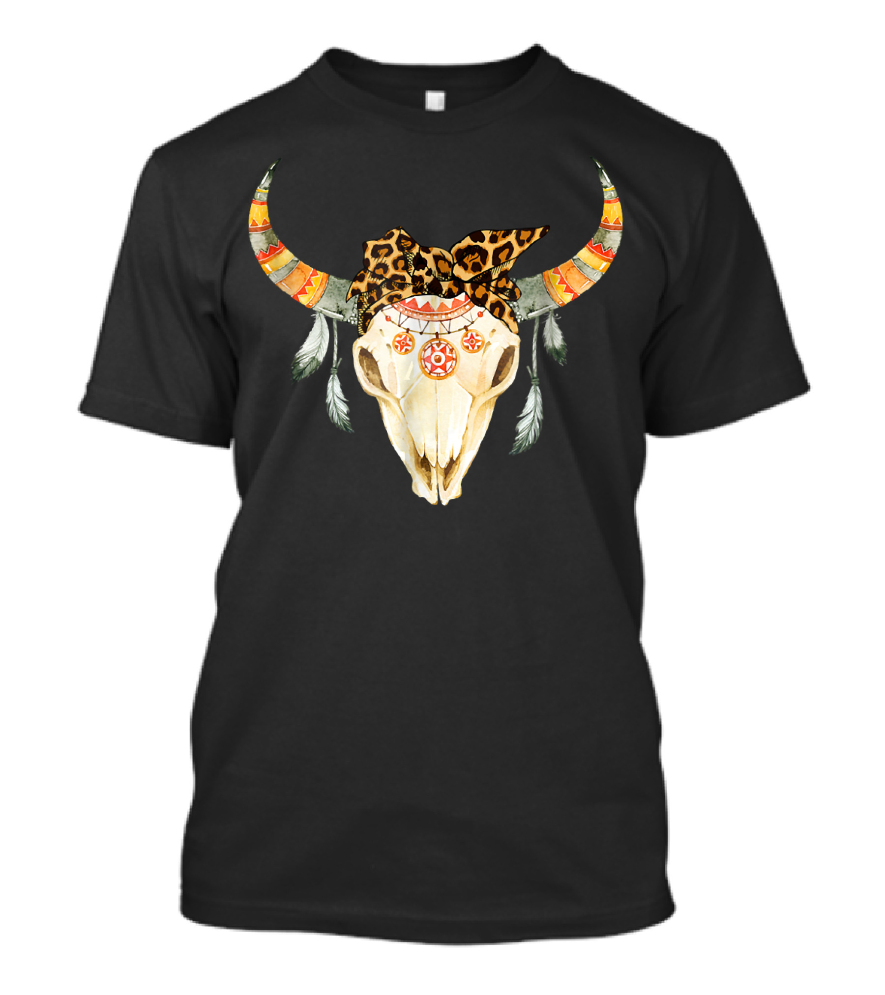 Boho Bull Skull Leopard Bandana Feathers Southwestern T-Shirt