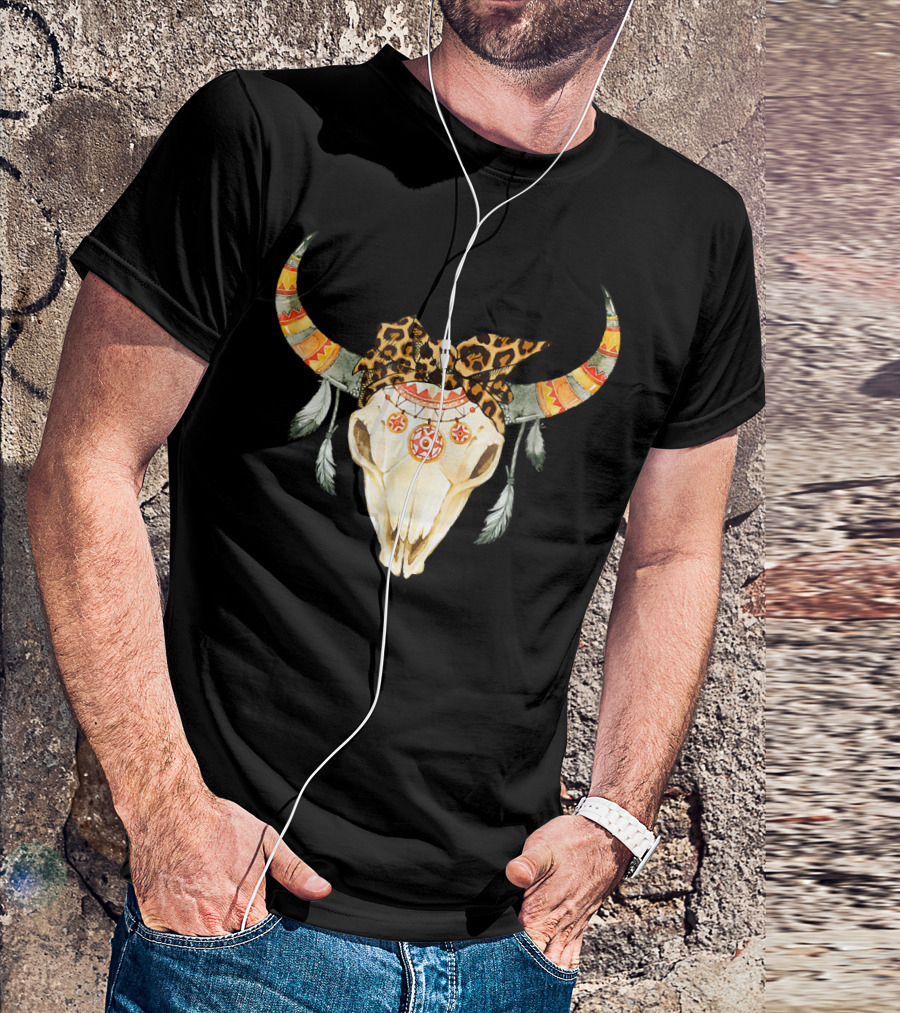 Boho Bull Skull Leopard Bandana Feathers Southwestern T-Shirt