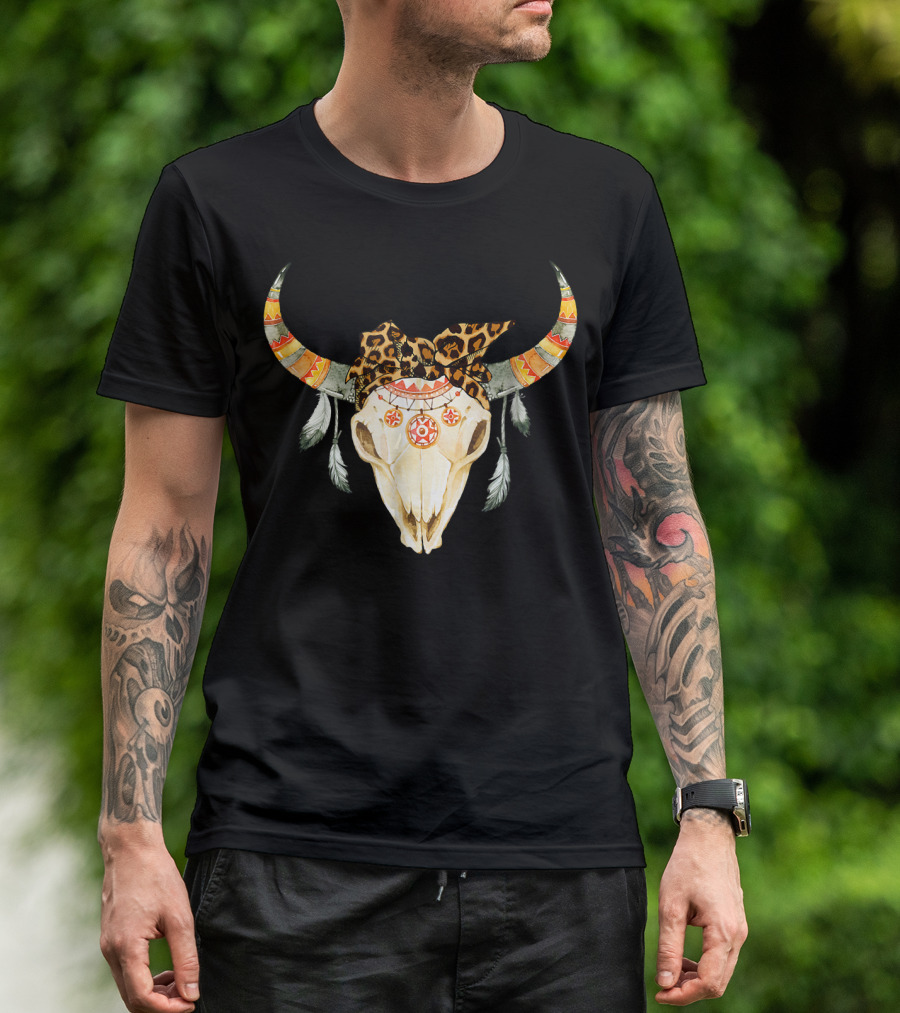 Boho Bull Skull Leopard Bandana Feathers Southwestern T-Shirt