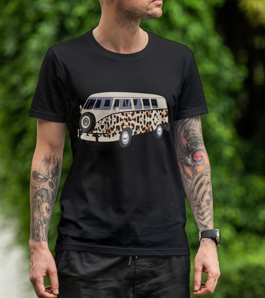 Leopard Print Camper Van With Heart And Peace T-Shirt