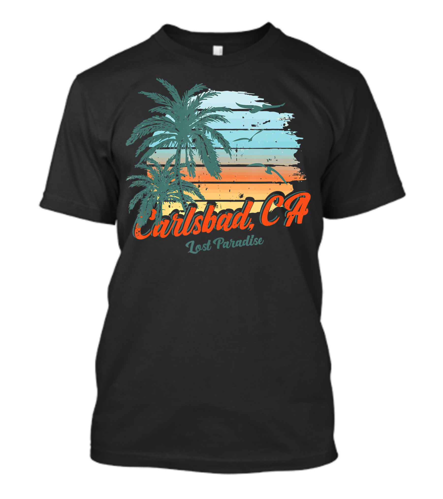 Carlsbad CA Lost Paradise Beach Palm Trees Sunset Ocean Birds T-Shirt