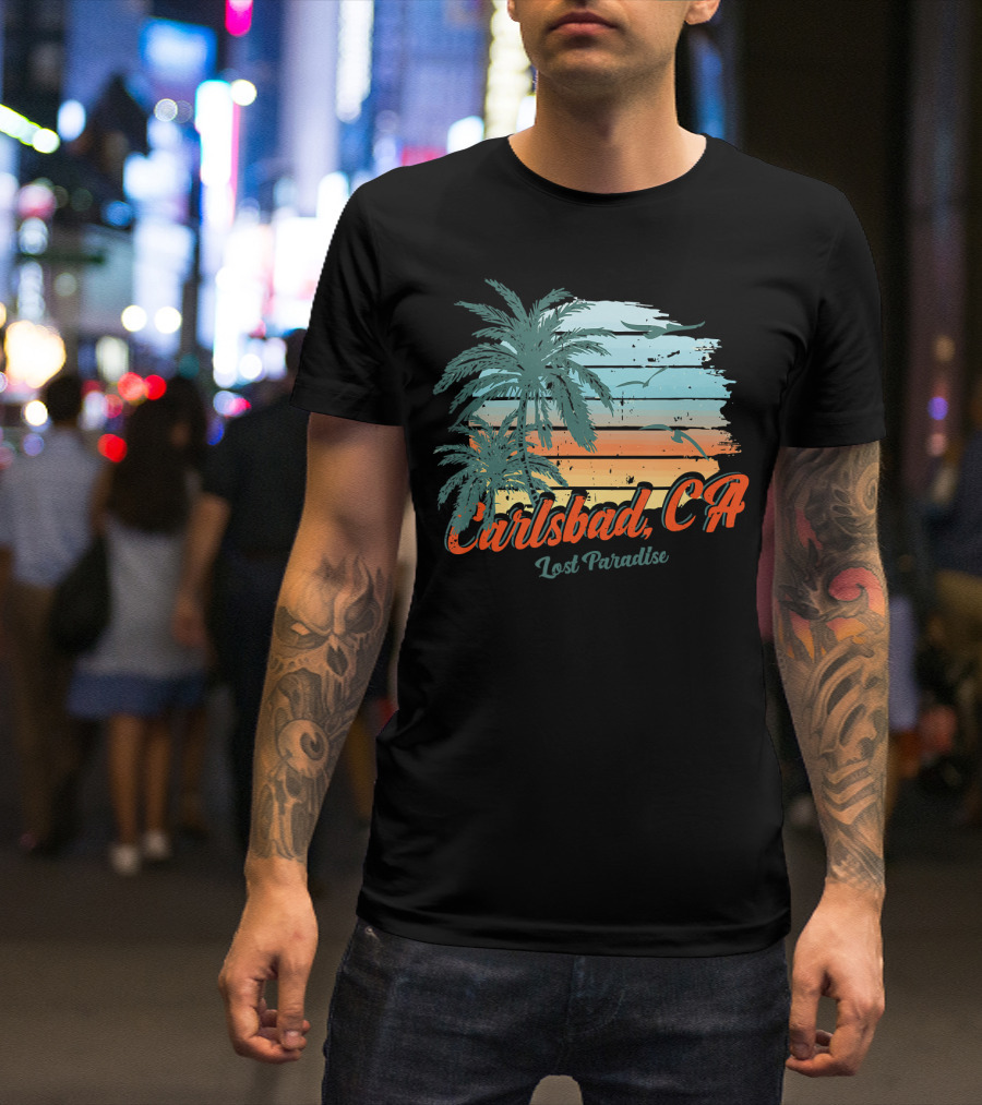 Carlsbad CA Lost Paradise Beach Palm Trees Sunset Ocean Birds T-Shirt